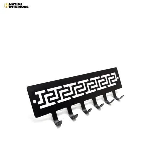 BLACK METAL KEY HOLDER WITH GREEK PATTERN CUTOUT – 6 HOOKS
