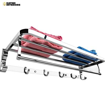 STAINLESS STEEL BATHROOM LAVATORY FOLDABLE TOWEL RACK AND TOWEL SHELF WITH HOLDER AND HOOKS
