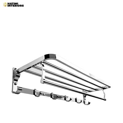 STAINLESS STEEL BATHROOM LAVATORY FOLDABLE TOWEL RACK AND TOWEL SHELF WITH HOLDER AND HOOKS