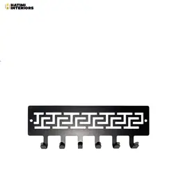 BLACK METAL KEY HOLDER WITH GREEK PATTERN CUTOUT - 6 HOOKS