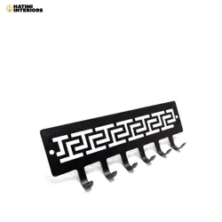 BLACK METAL KEY HOLDER WITH GREEK PATTERN CUTOUT - 6 HOOKS