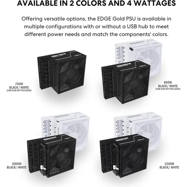 Lian Li Edge Gold 850W Full Modular Power Supply: ATX 3.1, PCIe 5.1 Support, 12V-2x6 Connector, L-Shape Design for Dual Chamer Case, Without USB/Fan Hub - Black