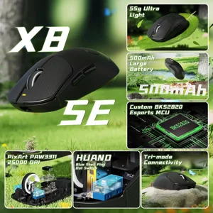 Attack Shark X8 SE Wireless Gaming Mouse, 55g Ultra-Lightweight Wired/BT/2.4GHz Wireless Programmable Mouse, 1K Polling Rate, PixArt PAW3311 Gaming Sensor, 25000 DPI, Tape, Gamer Mice for PC/Win/Mac (Black)