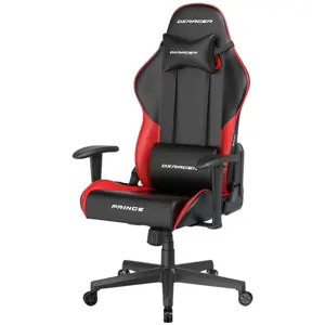 DXRacer Prince Series Gaming Chair, Racing Style, Cooling Gel Headrest, Lumbar Support, 2D Armrest, 90-135 Degree Recline, PVC Leather, Black Red