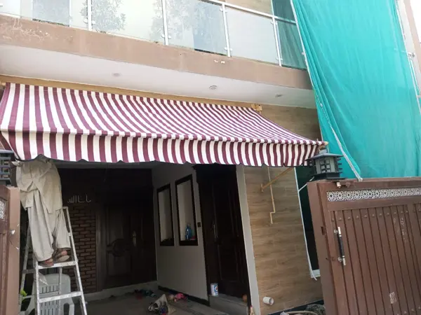 Mehroon/White Strips Canvas Tarpal 100% waterproof+ Heat resistance , Blocks Wind & Cold air.Rings & loops on all sides with every 3 feet distance,Without Frame.