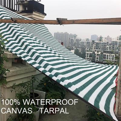 Green/White Strips Canvas Tarpal 100% waterproof+ Heat resistance , Blocks Wind & Cold air.Rings & loops on all sides with every 3 feet distance.