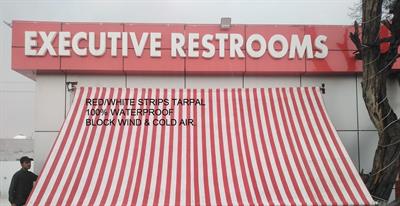 Red/White Strips Canvas Tarpal 100% waterproof+ Heat resistance , Blocks Wind & Cold air.Rings & loops on all sides with every 3 feet distance.