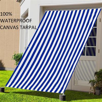 Blue/White Strips Canvas Tarpal 100% waterproof+ Heat resistance , Blocks Wind & Cold air.Rings & loops on all sides with every 3 feet distance.