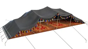 Majlis Tent, Its simple design with standing bamboos and cotton canvas tarpal makes the interior spacious and comfortable living.