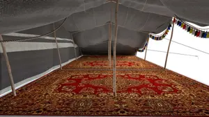 Majlis Tent, Its simple design with standing bamboos and cotton canvas tarpal makes the interior spacious and comfortable living.