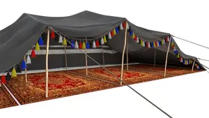 Majlis Tent, Its simple design with standing bamboos and cotton canvas tarpal makes the interior spacious and comfortable living.