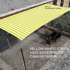 Yellow/White Strips Canvas Tarpal 100% waterproof+ Heat resistance , Blocks Wind & Cold air.Rings & loops on all sides with every 3 feet distance.