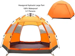 Automatic Open Tent, Hexagonal Hydraulic Large Tent for 6-7 People, Rainproof and Sun Protection, Family Camping Tent for Outdoor Camping, Orange Beautiful Landscape