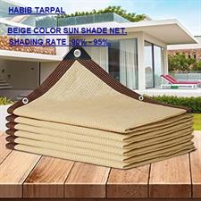 Beige color Sun shade net 85%- 90% ,high quality, with loops on every 3 feet distance on sides and double stitched edge to edge borders with cotton nawar.