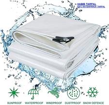100% WATERPROOF WHITE PLASTIC TARPAL , USED FOR SUNSHADE AND OTHER OUTDOOR ACTIVITIES.