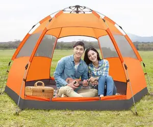 Automatic Open Tent, Hexagonal Hydraulic Large Tent for 6-7 People, Rainproof and Sun Protection, Family Camping Tent for Outdoor Camping, Orange Beautiful Landscape