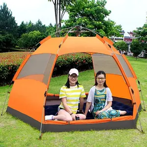 Automatic Open Tent, Hexagonal Hydraulic Large Tent for 6-7 People, Rainproof and Sun Protection, Family Camping Tent for Outdoor Camping, Orange Beautiful Landscape