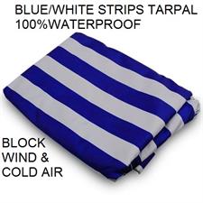 Blue/White Strips Canvas Tarpal 100% waterproof+ Heat resistance , Blocks Wind & Cold air.Rings & loops on all sides with every 3 feet distance.