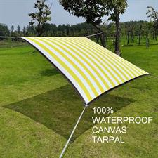Yellow/White Strips Canvas Tarpal 100% waterproof+ Heat resistance , Blocks Wind & Cold air.Rings & loops on all sides with every 3 feet distance.