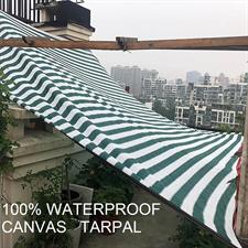 Green/White Strips Canvas Tarpal 100% waterproof+ Heat resistance , Blocks Wind & Cold air.Rings & loops on all sides with every 3 feet distance.