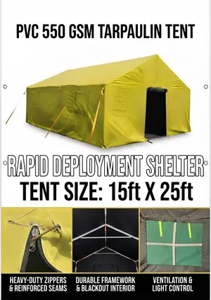 PVC 550 GSM-Frame Tarpaulin tent,Size 15'x25' Galvanised Steel Modular Pipes,Relief Camps Storage & Events.