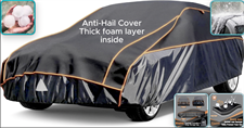 Anti-Hail Heavy-Duty Car cover with thick foam 3 layer 12mm thickness inside,100% waterproof+heat-resistance korean parachute out side layer & soft fabric layer inside to prevent car from scratches.