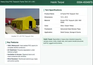 PVC 550 GSM-Frame Tarpaulin tent,Size 15'x25' Galvanised Steel Modular Pipes,Relief Camps Storage & Events.