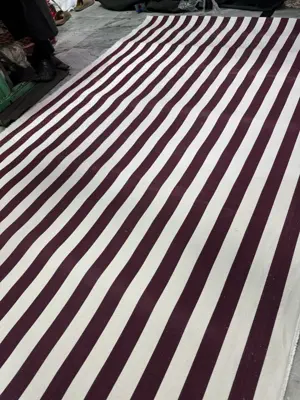 Mehroon/White Strips Canvas Tarpal 100% waterproof+ Heat resistance , Blocks Wind & Cold air.Rings & loops on all sides with every 3 feet distance,Without Frame.