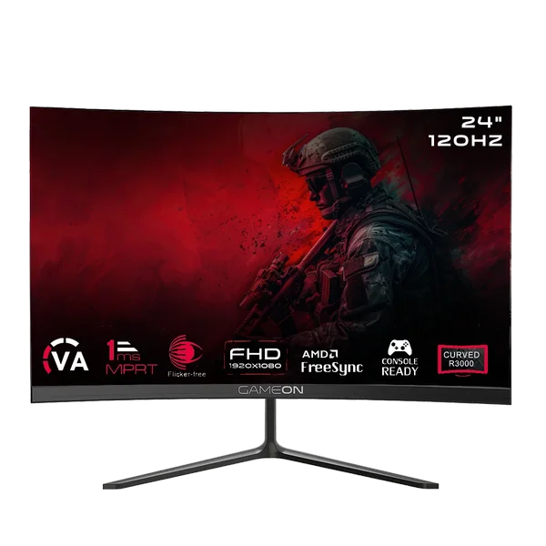 GameOn GOC24F120VA Pro Series Curved Gaming Monitor 24 inch, 1920x1080p FHD VA Panel, 120Hz, 1ms, HDMI 2.1, Freesync, Crosshair assistant, Built-in Speakers, Supports PS5, VRR