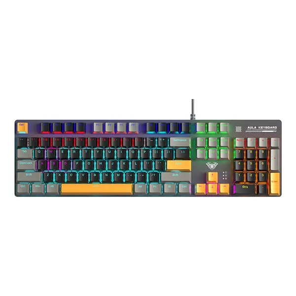 Aula S500 Wired Gaming Keyboard, 100% Full Size Mechanical Keyboard with Number Pad, 104 Keys, NKRO, RGB Backlits, Shine Through Keycaps, Ergonomic for PC E-Sports (Black&yellow, Blue Switch)