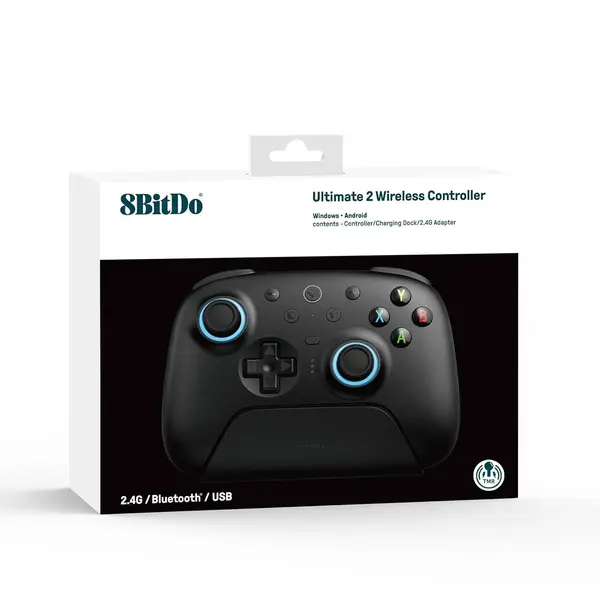 8BitDo Ultimate 2 Wireless Controller for Windows PC, Apple, Steam & Android, TMR Joysticks, Hall/Tactile Triggers, Motion Control, RGB Fire Ring, 1000Hz Polling Rate - Black