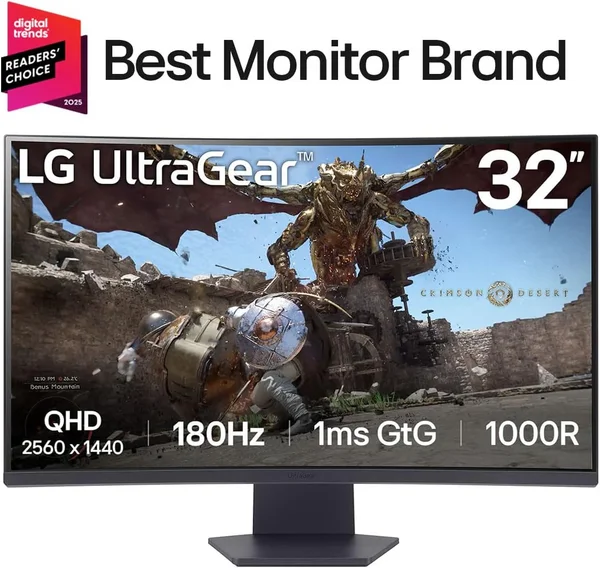 LG 32GS60QC-B UltraGear 32-inch Curved Gaming Monitor QHD (2560x1440) 180Hz 1ms 1000R VA AMD FreeSync HDR10 HDMI x2 DisplayPort
