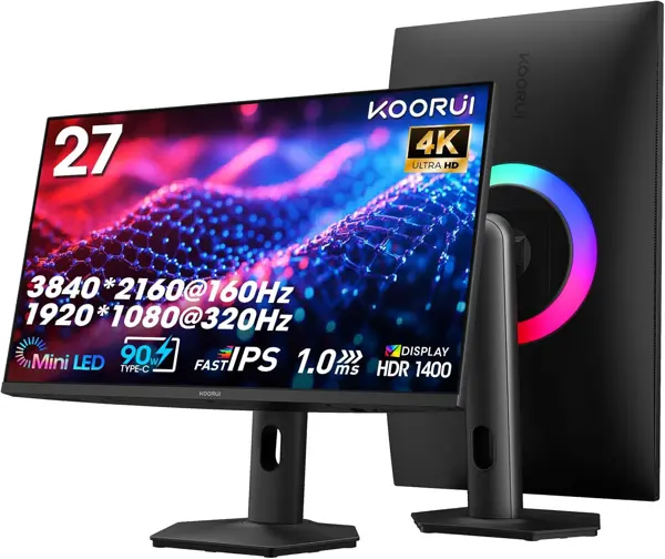 KOORUI 27" 4K QD-Mini LED Gaming Monitor - Dual-Mode (UHD 160Hz or FHD 320Hz), 1ms, 99% Adobe RGB, HDR1400, 90W USB-C, HDMI 2.1/DP1.4, VESA, Tilt Height Swivel Vertical Adjustment, Black, S2741LM