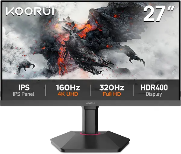 KOORUI G2741L 27" Dual Mode 4K 160Hz / FHD 320Hz 1ms, 100% sRGB | 1.07B colors | IPS Panel | HDR400 | (DIC), Adaptive Sync | 2x HDMI 2.1 / 1x DP 1.4 Gaming Monitor
