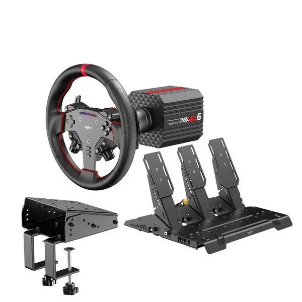 PXN VD6 Bundle PC Steering Wheel and Pedals 6 Nm Direct Drive Servo Motor Base, W AS Racing Wheel, Hall Effect 2-Pedal Set, and Table Clamp