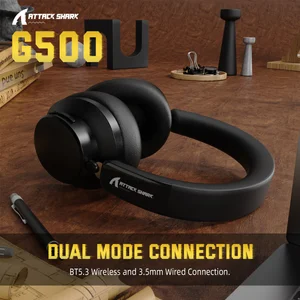 ATTACK SHARK G500 Ultra-Light Wireless Gaming Headset, Bluetooth 5.3 & 3.5mm Wired, Hybrid Active Noise Cancelling, 40mm Drivers, 360 Reality Audio, Hi-Res Audio, Omnidirectional Microphone – Black