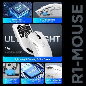 Attack Shark R1 Wireless Gaming Mouse, Tri-Mode Connection (2.4G/Wired/BT5.2), 55g Lightweight, 18K DPI Optical Sensor, HUYU 20 Million Key Life, Ergonomic Design, for PC/Laptop/Win/Mac 