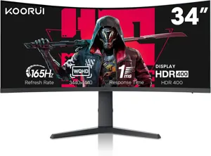 KOORUI 34E6UC 34" WQHD Curved 165Hz 1ms Curved 1000R, 100% SRGB, 90% DCI-P3, HDR 400 , FreeSync/G-Sync Technology, 2x HDMI 2.0 / 1x DP 1.4, Height adjustable Ultrawide Gaming Monitor