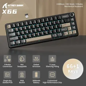 Attack Shark X66 Wireless Mechanical Gaming Keyboard with Knob, Tri Mode USB-C/BT5.0/2.4G Gasket Mounted 60% RGB Gaming Keyboard, Side Printed PBT Keycap, Hot Swappable Strawberry Switch (Star Black)