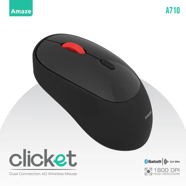 Amaze Clicket A710 Wireless Mouse, Dual Wireless Bluetooth and 2.4GHz, Adjustable 800/1200/1600 DPI, 4 Buttons, Silent Touch, 68g, Black