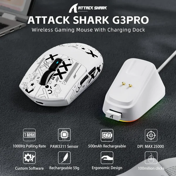 Attack Shark G3Pro Wireless Gaming Mouse with RGB Charging Dock, 2.4G/USB-C Wired/BT PAW3311 Optical Sensor 1K Polling Rate Adjustable 25K DPI, 500mAh Battery Ultra Lightweight 59g Mice - White