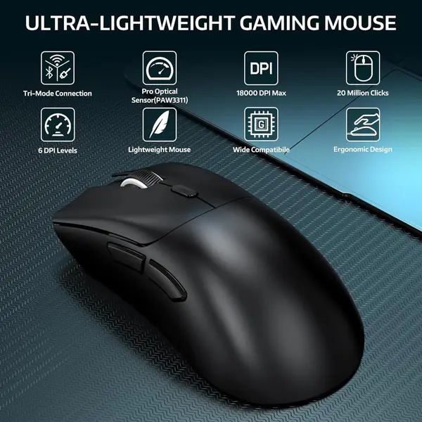 Attack Shark R1 Wireless Gaming Mouse, Tri-Mode Connection (2.4G/Wired/BT5.2), 55g Lightweight, 18K DPI Optical Sensor, HUYU 20 Million Key Life, Ergonomic Design, for PC/Laptop/Win/Mac - Black