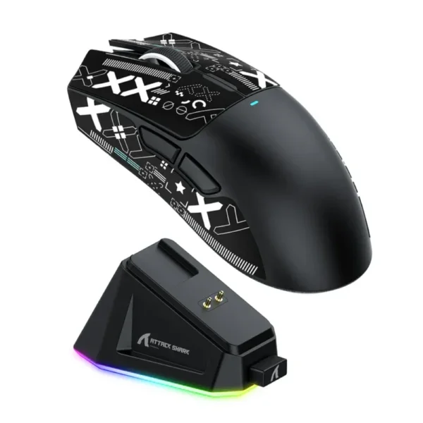 Attack Shark X1 Wireless Gaming Mouse with RGB Charging Dock, PAW3395 PRO Sensor Up to 40K DPI, 53g Ultra Light Tri-Mode Computer Mice, 1KHz Polling Rate 5 Programmable Buttons for WIN/MAC - Black (with Grip Tape)