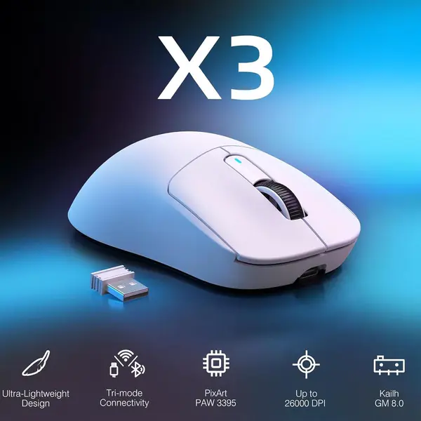 Attack Shark X3 Lightweight Wireless Gaming Mouse, 49g Tri-Mode Bluetooth/2.4G/USB-C Wired Mouse, PAW3395 26K DPI Sensor, 200h Battery Life, Programmable Buttons, Griptape for PC/Laptop/Mac - White