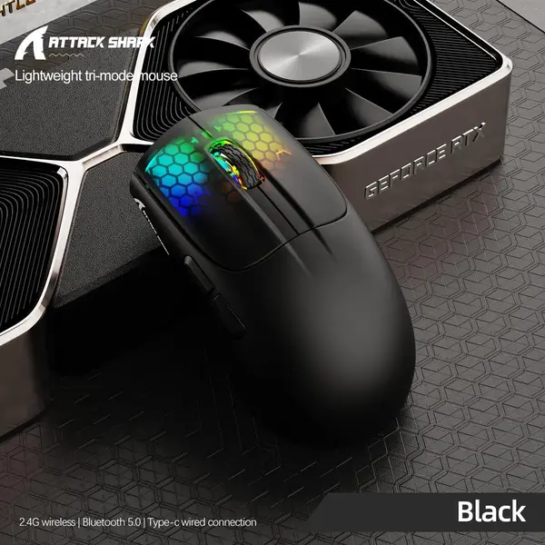 Attack Shark X5 Wireless Gaming Mouse with Tri-Modes BT 5.1/2.4Ghz/USB-C, Lightweight 49g, PAW3212 Optical Sensor, Rechargeable Battery, RGB LED Honeycomb Mice for PC/Tablet/Desktop/Office/Games - Black