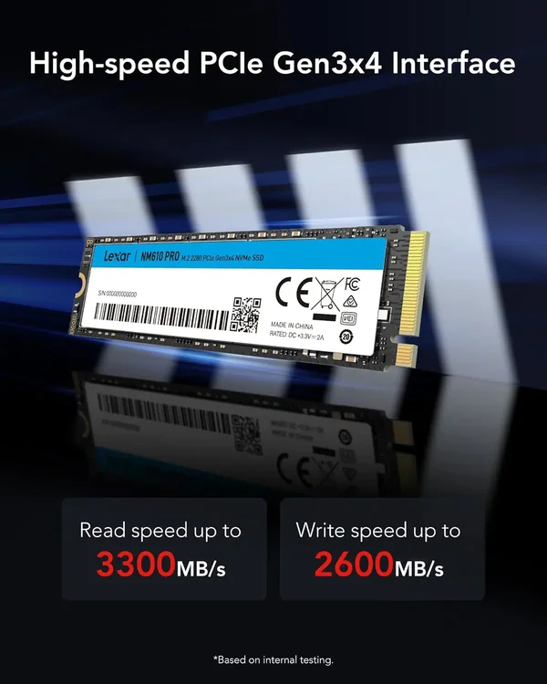 Lexar NM610 PRO 500GB SSD, M.2 2280 PCIe Gen3x4 NVMe 1.4 SSD Internal, Up to 3300MB/s Reading, 1700MB/s Write, 3D NAND Flash Drives for Notebook, Desktop, PC