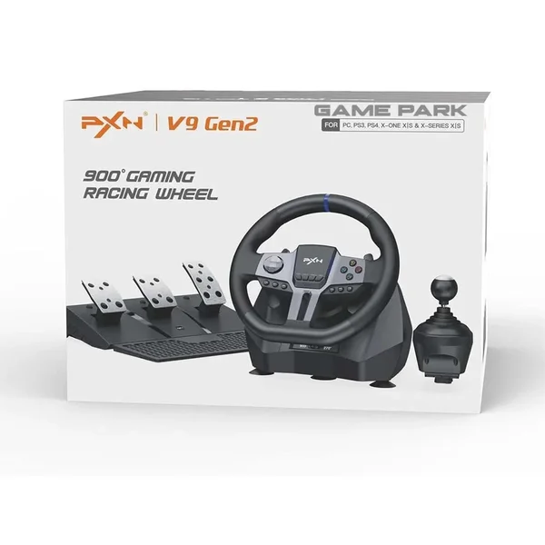 PXN V9 Gen2 Gaming Steering Wheel with Pedals and Shifter – Black