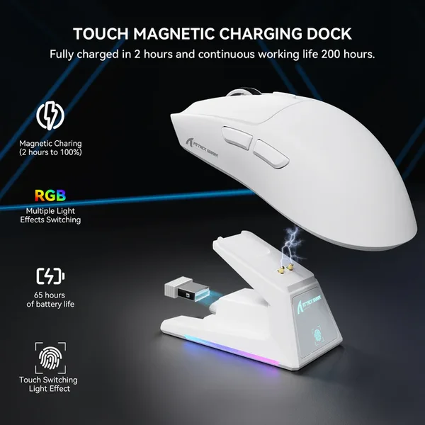 Attack Shark X1 Wireless Gaming Mouse with RGB Charging Dock, PAW3395 PRO Sensor Up to 40K DPI, 53g Ultra Light Tri-Mode Computer Mice, 1KHz Polling Rate 5 Programmable Buttons for WIN/MAC - White (with Grip Tape)