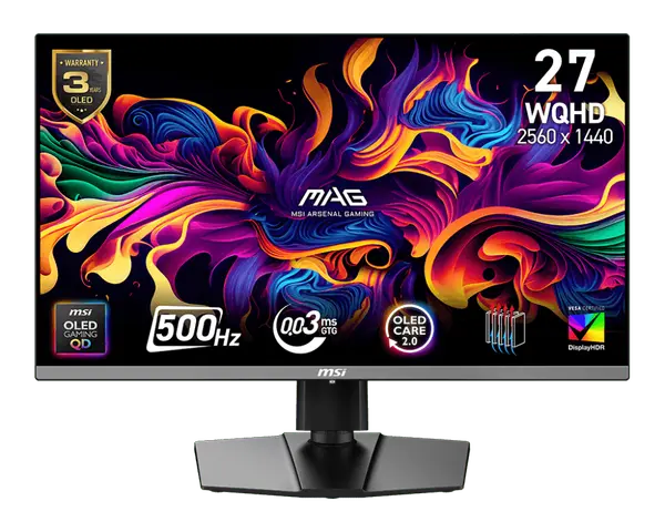 MSI MAG 272QP QD-OLED X50 Gaming Monitor, 27" QD-OLED Display, WQHD Resolution, 500Hz Refresh Rate, 0.03ms (GtG) Response Time, AMD FreeSync Premium Pro, Black