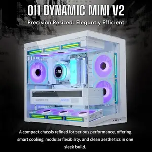 Lian Li O11D Mini V2 Compact ATX Mid-Tower Airflow Computer Case - Panoramic View, Fully Ventilated Airflow, Adjustable I/O, Pillar-Less, Cable Management, White